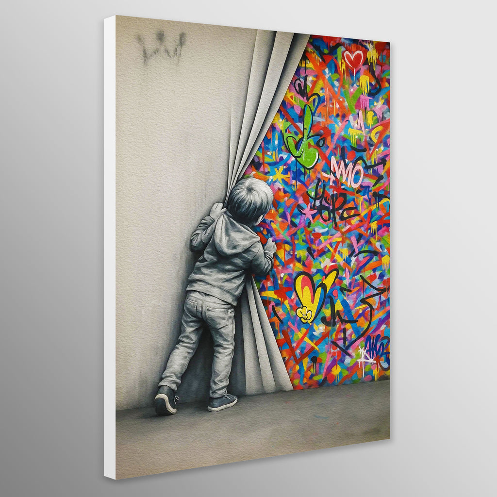 Canvas print of a child peeking behind a curtain into a colorful graffiti world.