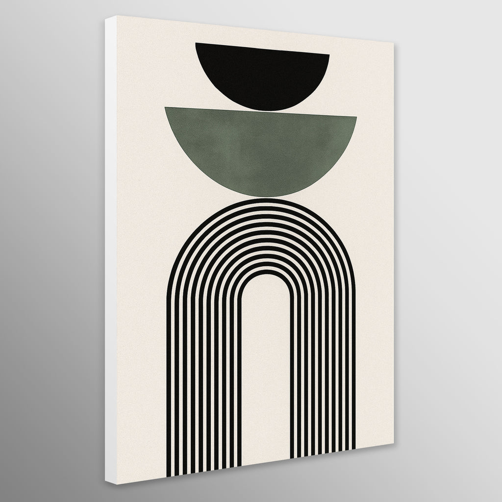 Abstract geometric art piece with arch and circular shapes on a beige background