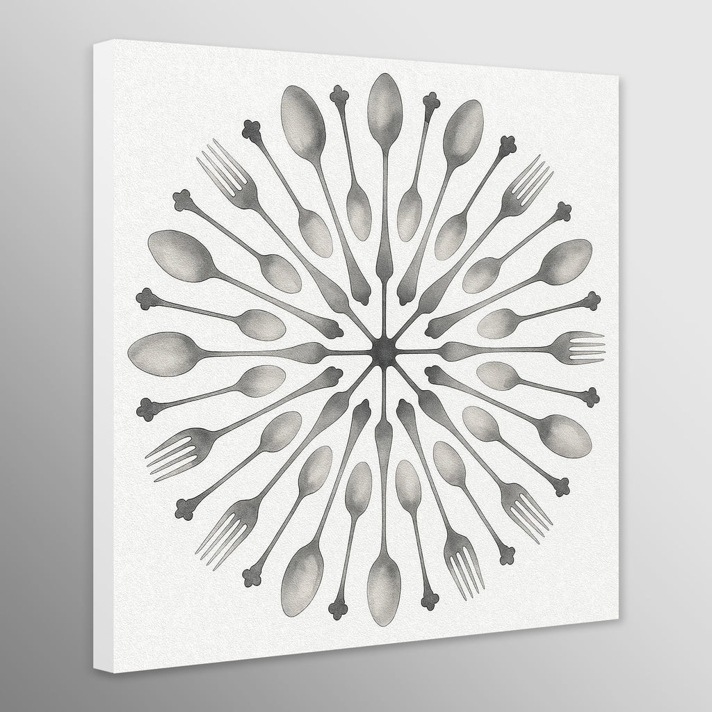 Decorative wall art with a geometric pattern of spoons and forks on a white background