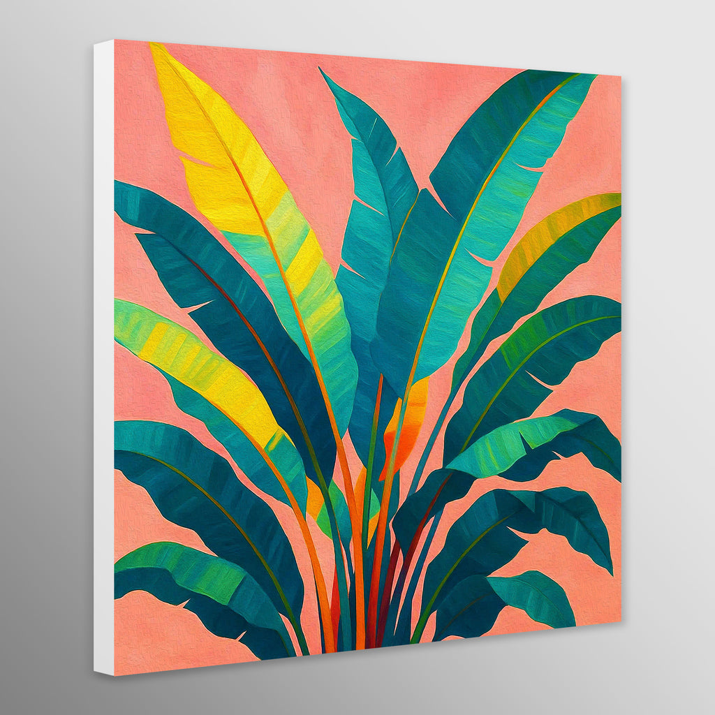 Canvas print with colorful tropical leaf design on a pink background