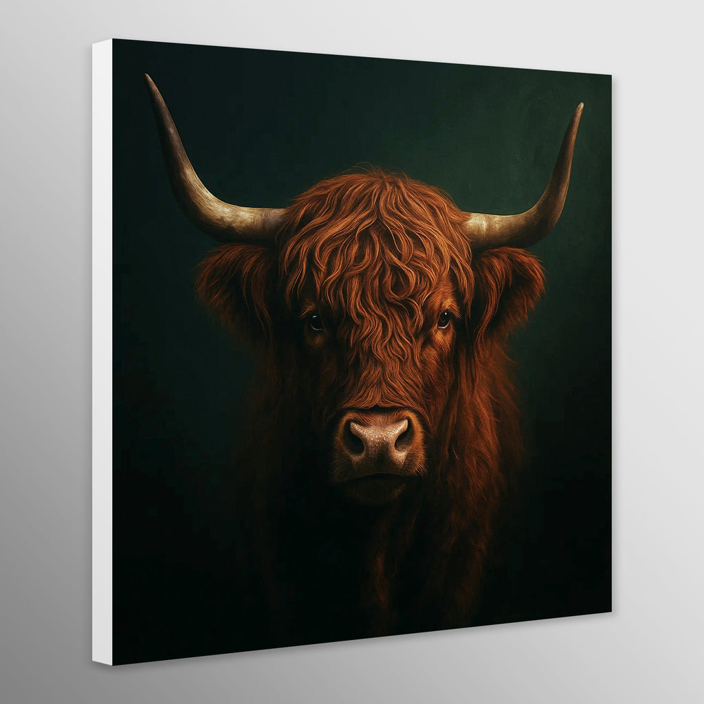 Canvas print of a brown cow with large horns on a dark background
