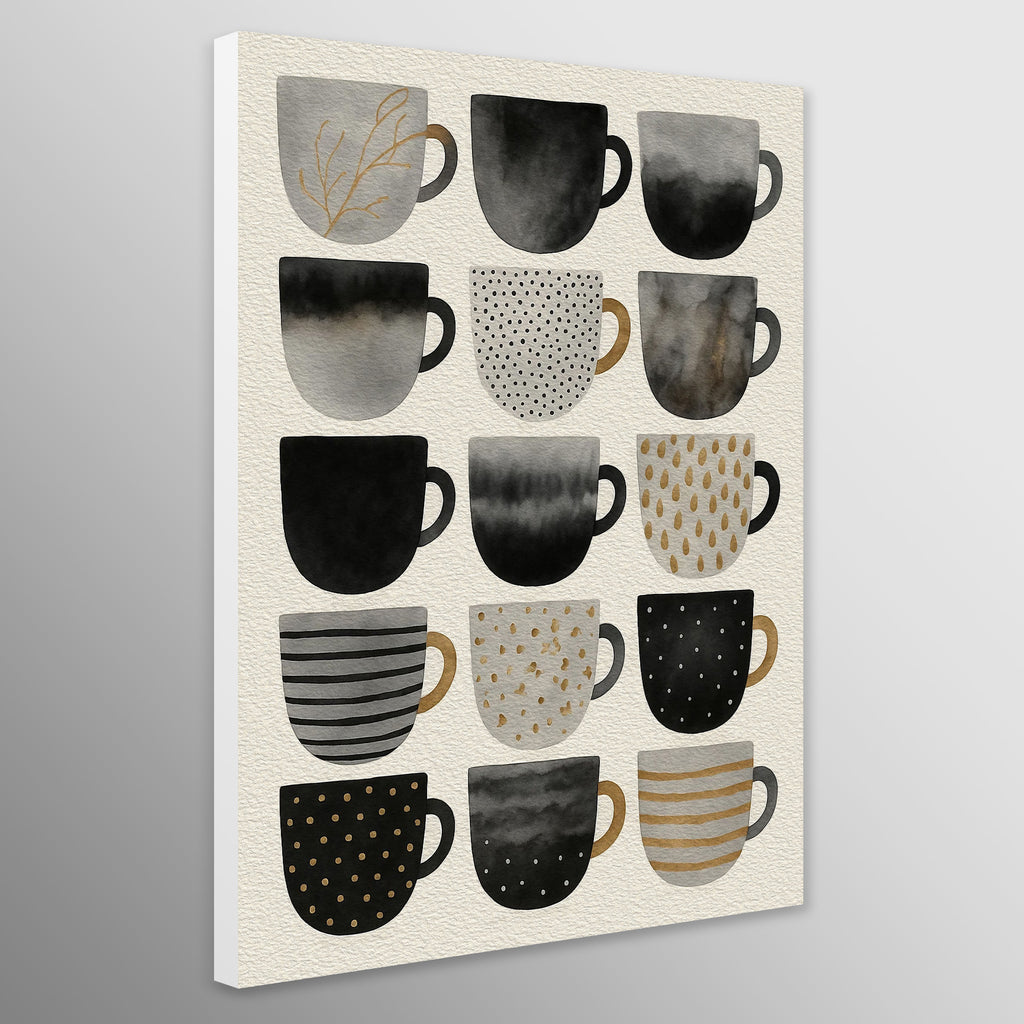 Canvas print with white sides pattern of black and white mugs on a beige background