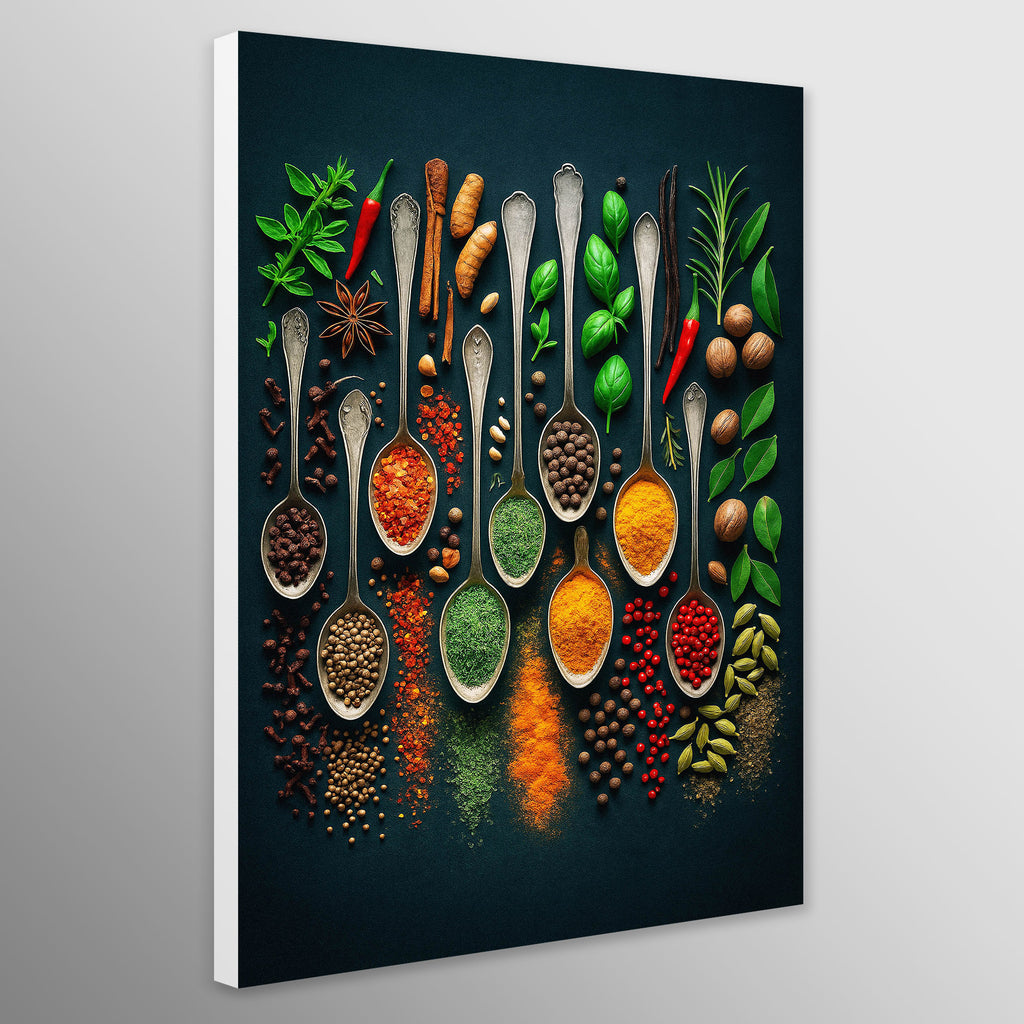 Spices and herbs in spoons on a dark background