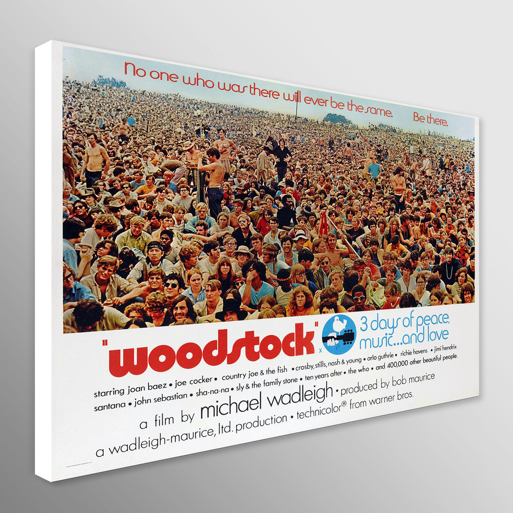 Woodstock movie poster printed onto canvas with white edges with crowd scene and text on a grey background
