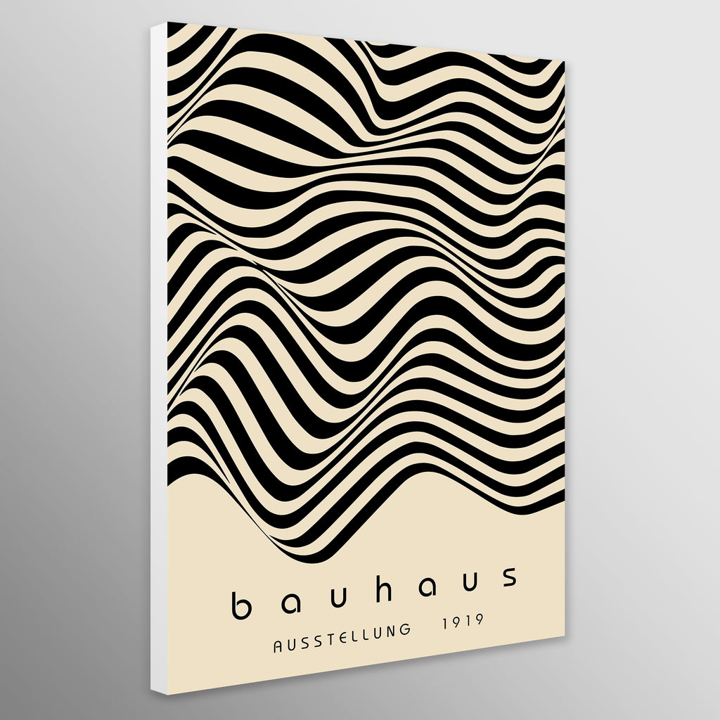 Poster with wavy black and beige pattern and 'bauhaus' text on a gray background