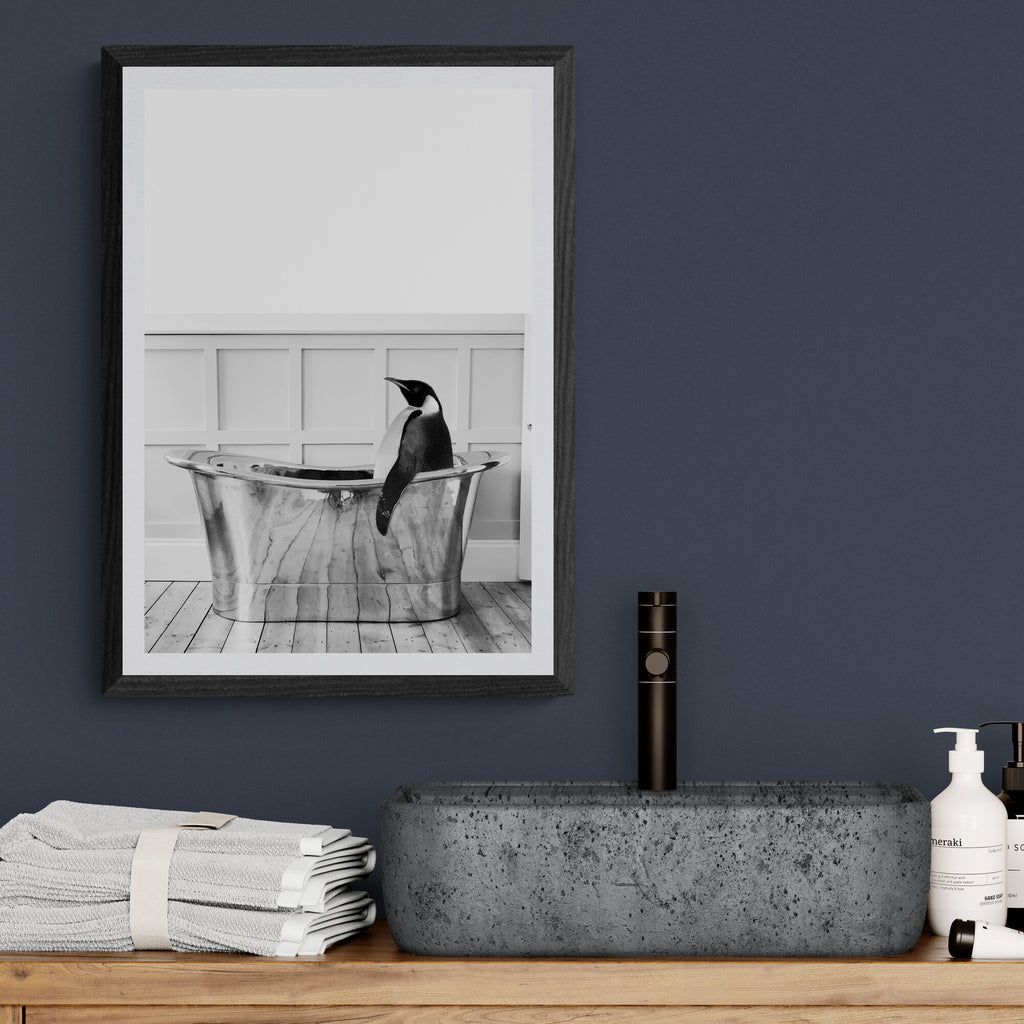 Penguin in Bath Tub Funny Bathroom Wall Art