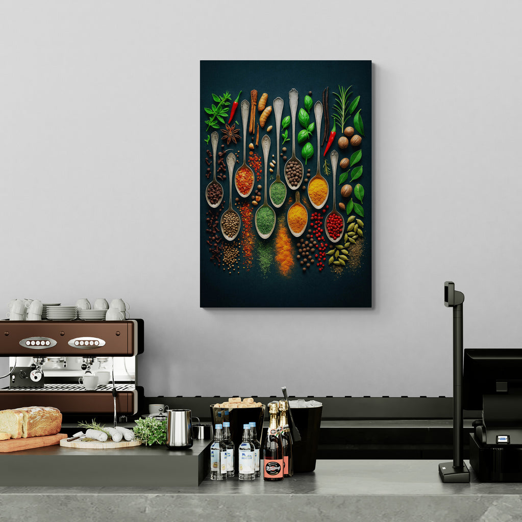 Spices and herbs arranged in spoons on a dark background, displayed above a kitchen counter.