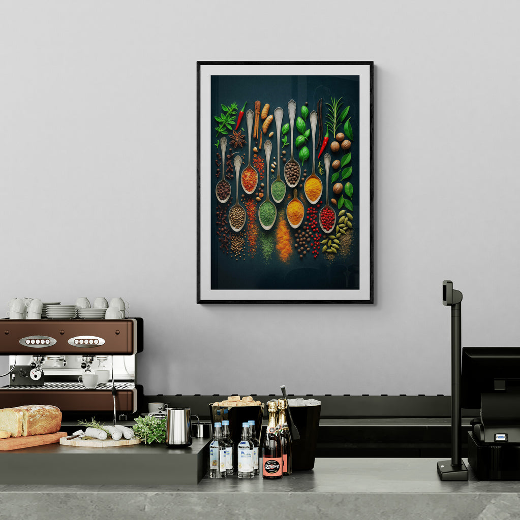 Framed artwork of spices and herbs on a wall above a kitchen counter.