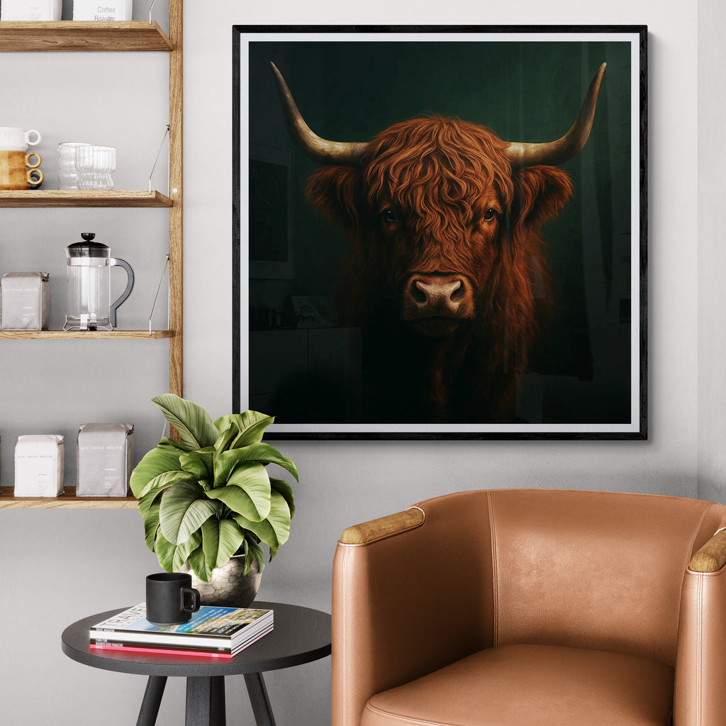 Framed artwork of a Highland cow in a living room setting with a brown leather chair and plant.