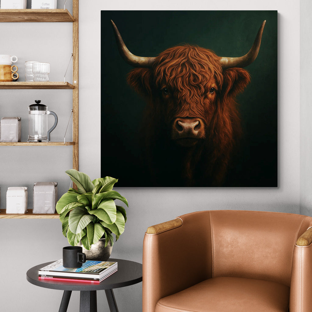 Framed artwork of a brown cow on a wall above a brown leather chair and small table with a plant.