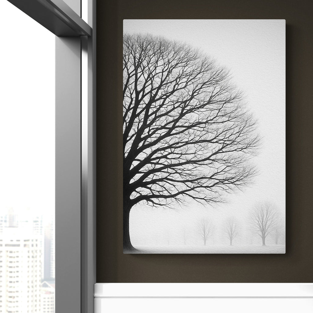 Framed artwork of a black tree silhouette against a white background on a dark wall.