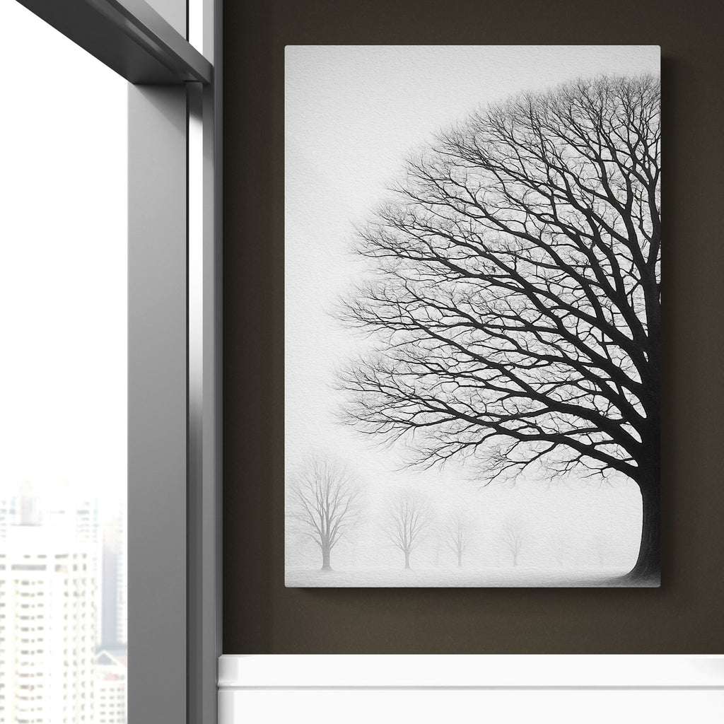 Framed artwork of a black tree silhouette on a white background, leaning against a dark wall.