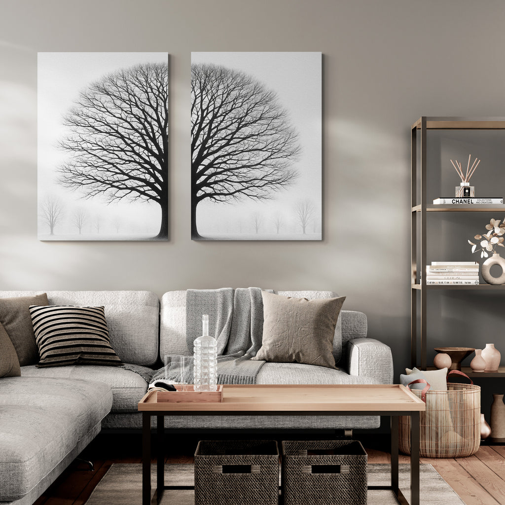 Living room with a sectional sofa, coffee table, and wall art of trees.