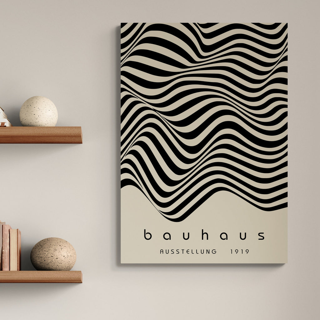 Bauhaus poster with wavy design on a beige background, displayed on a wall.