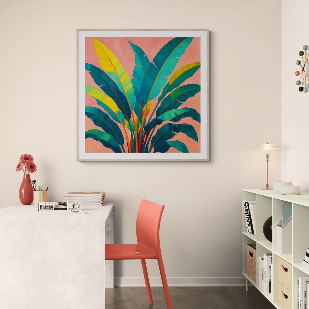 Colorful abstract plant painting on a wall above a desk with a red chair.