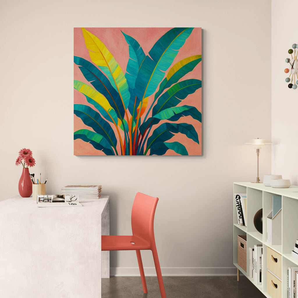 Colorful abstract painting of leaves on a wall above a desk with a chair.