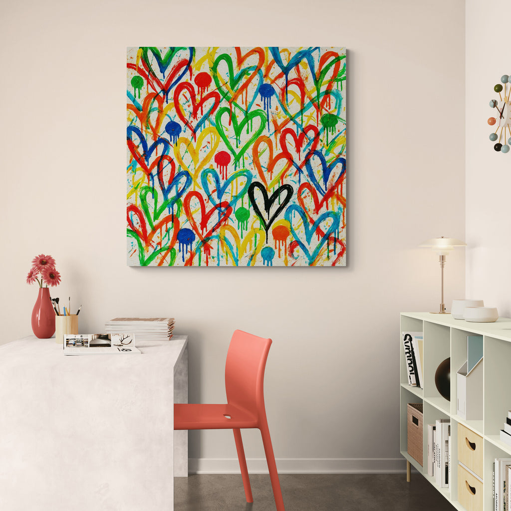 Colorful heart-patterned artwork on a wall above a desk with a red chair.