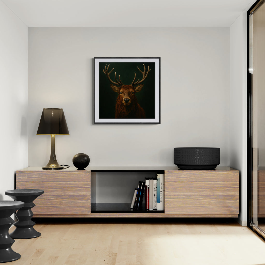 Modern living room with wooden cabinet, lamp, and deer artwork on wall