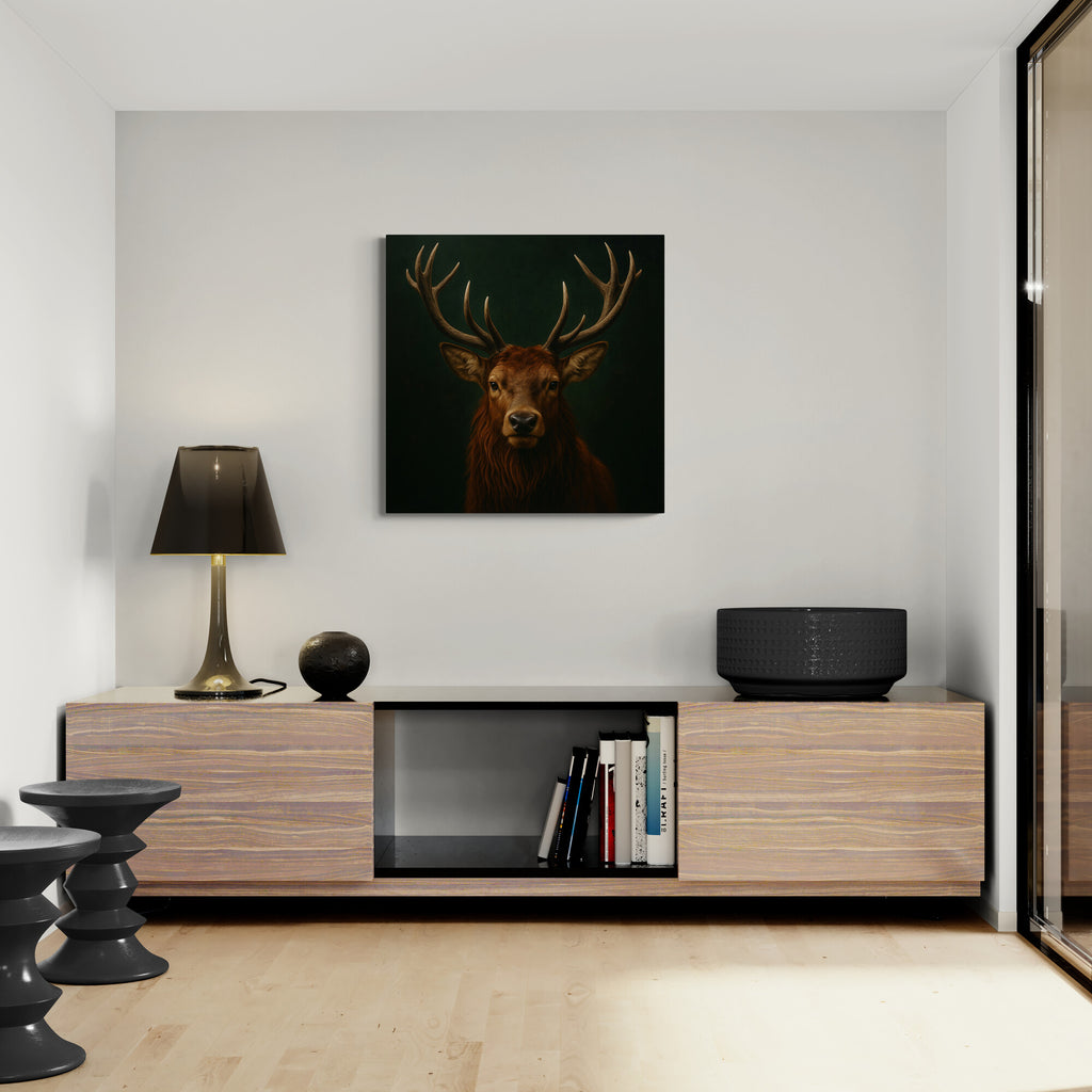 Modern interior with a deer painting above a wooden cabinet.