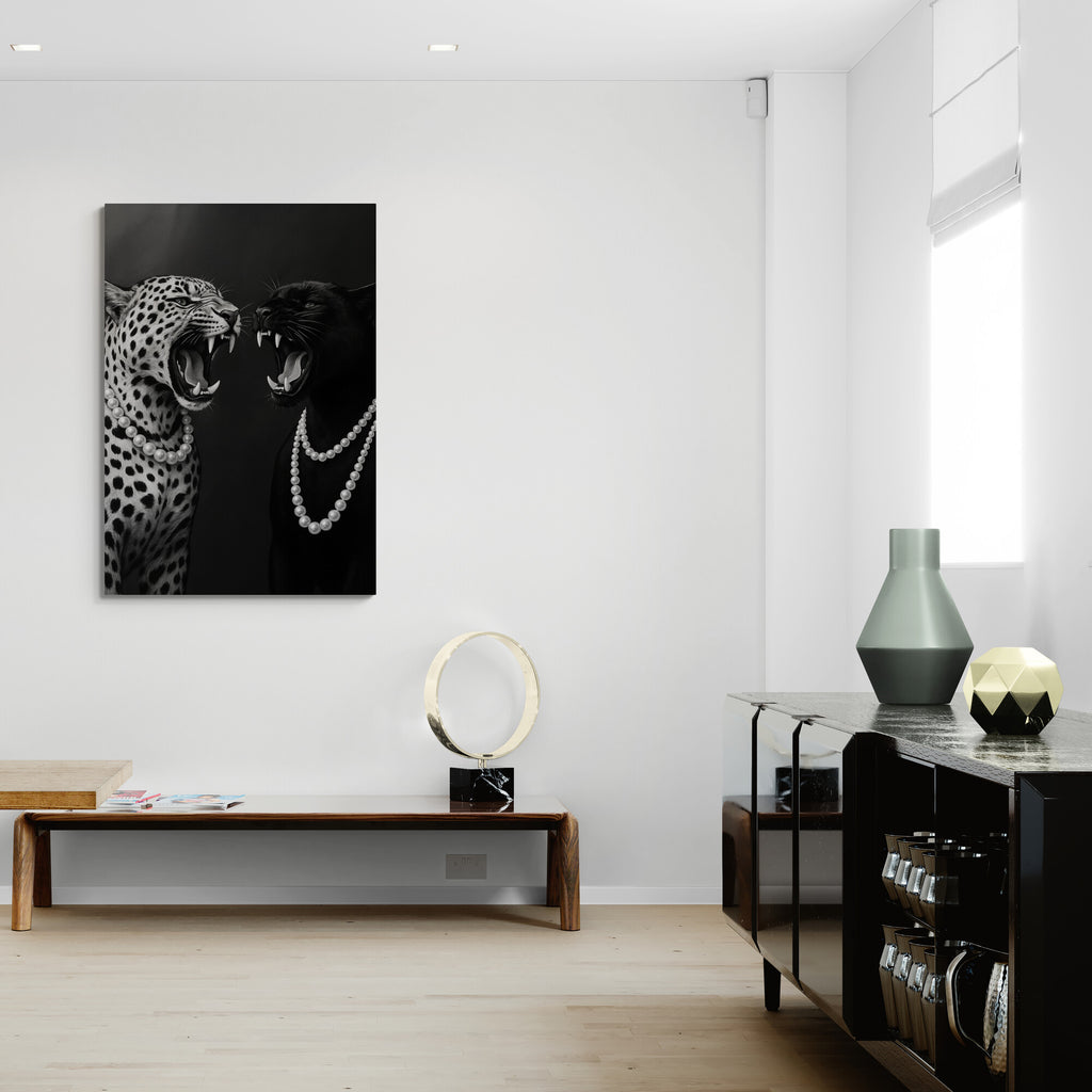 Modern interior with a painting of two leopards on a wall, a table with decorative items, and a vase.
