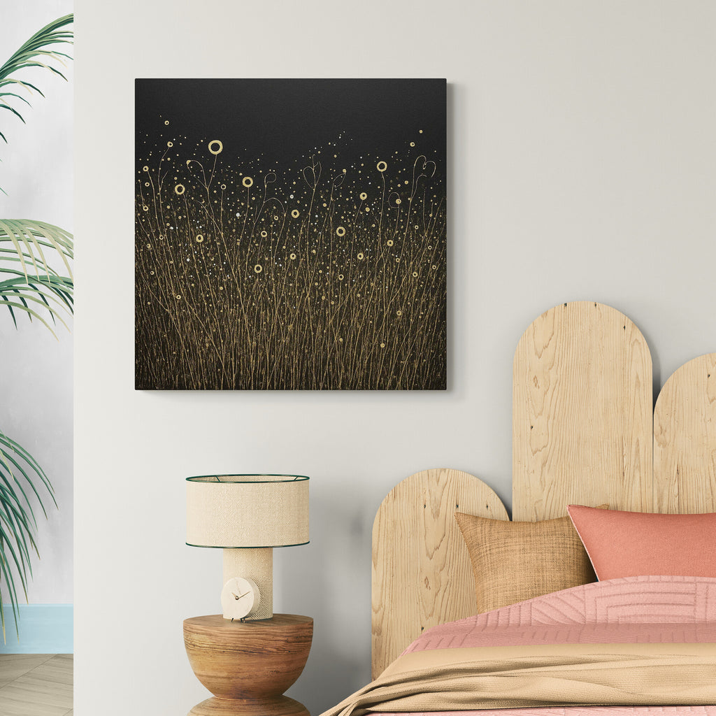 Decorative wall art above a bed with wooden headboard and lamp.