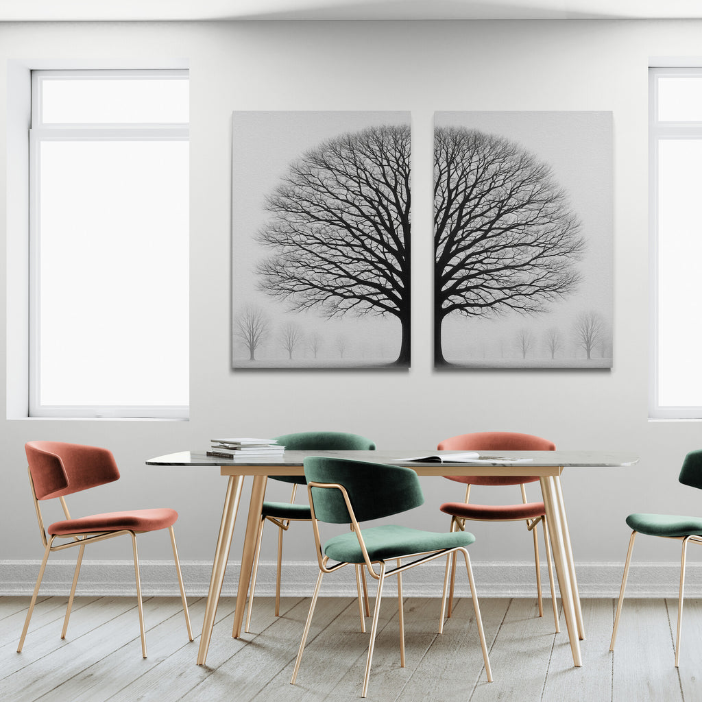 Dining room with a glass table and colorful chairs, featuring two large tree paintings on the wall.