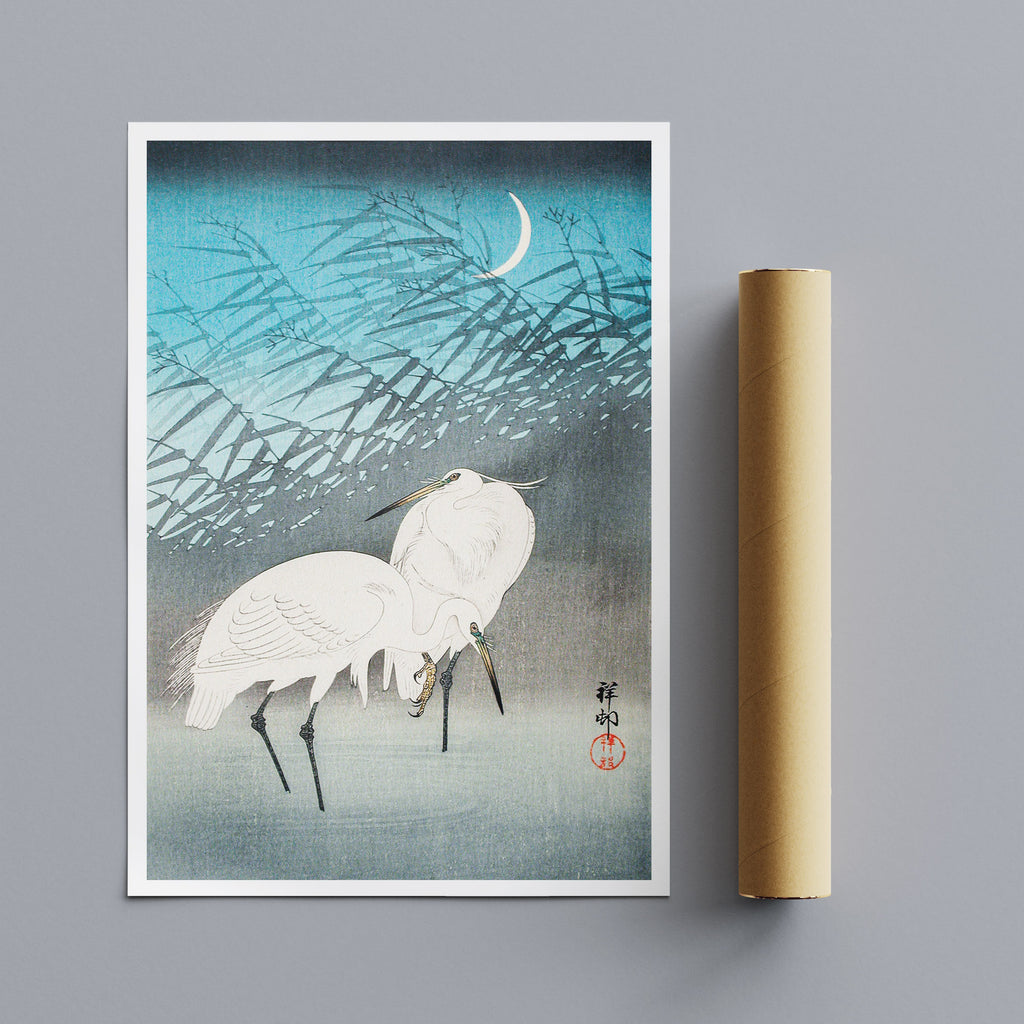 Egrets and Reeds in Moonlight (1926) by Ohara Koson