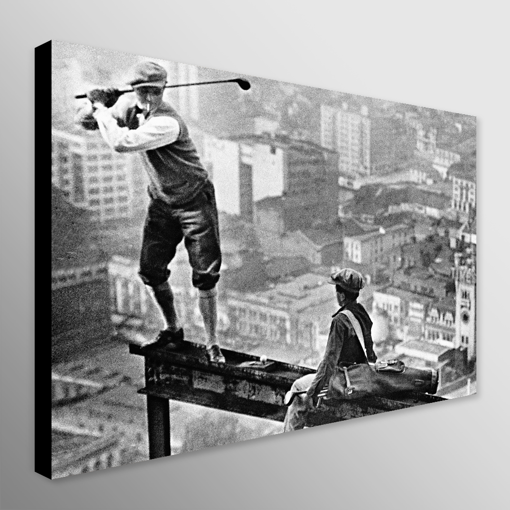 Golf Vintage Art Golfer Hitting Ball - Skyscraper Girder